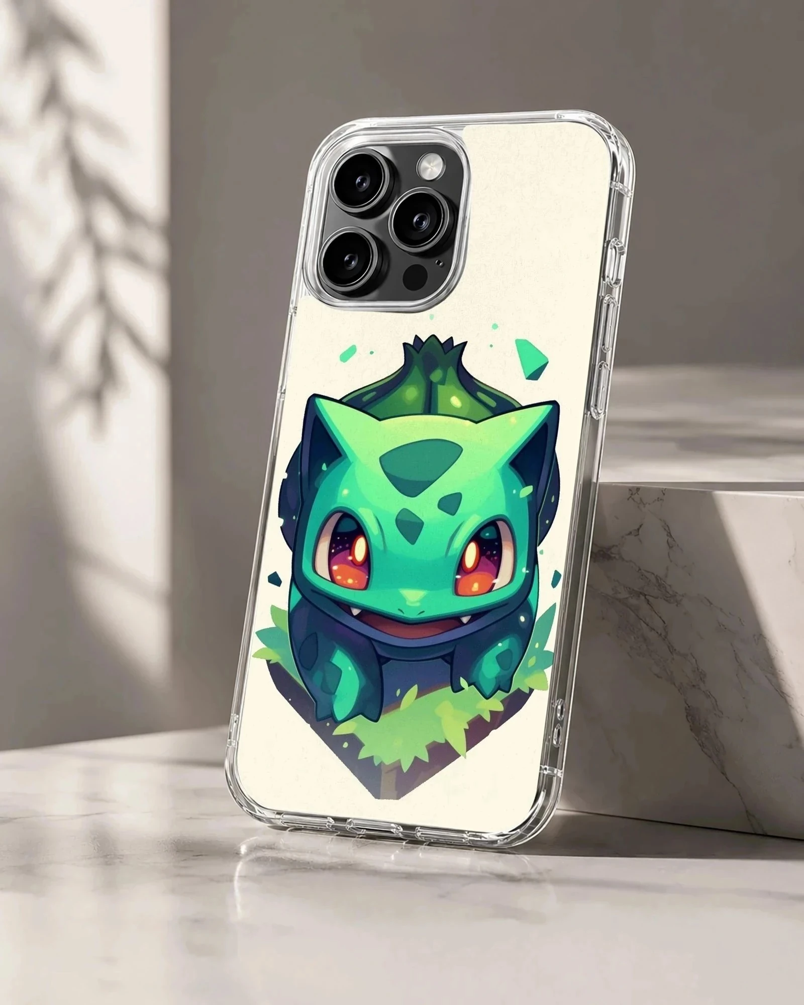 Playful Bulbasaur design on phone case.