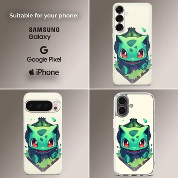 Playful Bulbasaur design on phone case. — Collage