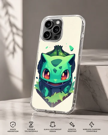 Playful Bulbasaur design on phone case. — Specs