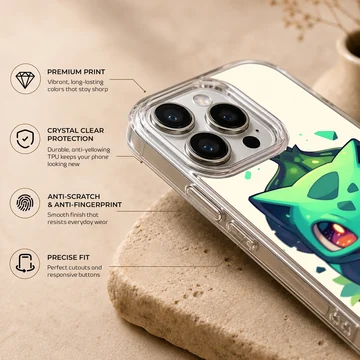 Playful Bulbasaur design on phone case. — Info