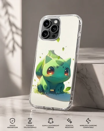 Playful Bulbasaur digital illustration on phone case — Specs