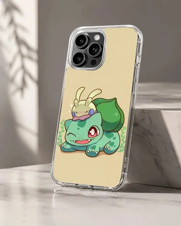 Bulbasaur cartoon design with green and purple accents on a phone case