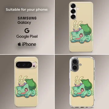 Bulbasaur cartoon design with green and purple accents on a phone case — Collage