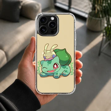 Bulbasaur cartoon design with green and purple accents on a phone case — Lifestyle