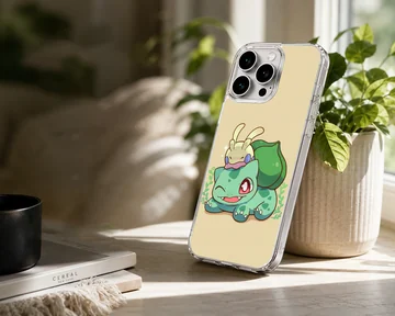 Bulbasaur cartoon design with green and purple accents on a phone case — Lifestyle