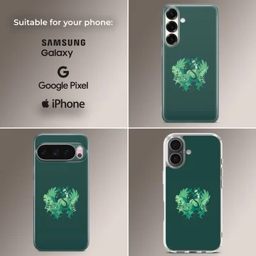 Bulbasaur cartoon in a lush jungle setting on phone case — Collage