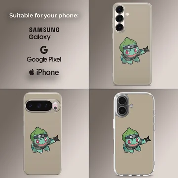 Bulbasaur cartoon character with playful design on phone case — Collage