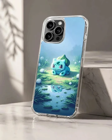 Bulbasaur character in serene surroundings on phone case