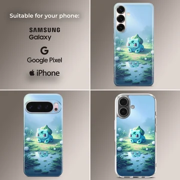 Bulbasaur character in serene surroundings on phone case — Collage