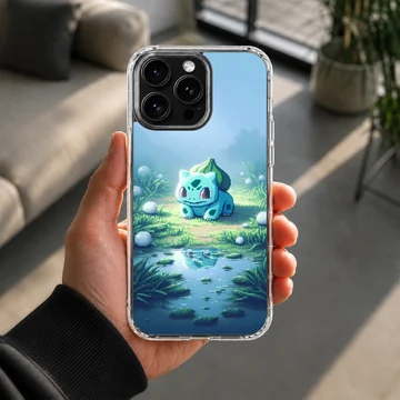Bulbasaur character in serene surroundings on phone case — Lifestyle