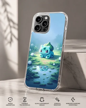 Bulbasaur character in serene surroundings on phone case — Specs