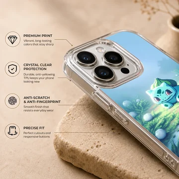 Bulbasaur character in serene surroundings on phone case — Info