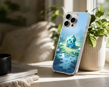 Bulbasaur character in serene surroundings on phone case — Lifestyle