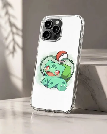 Bulbasaur cartoon design on a phone case showcasing vibrant colors.