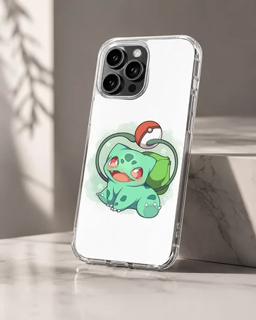 Bulbasaur cartoon design on a phone case showcasing vibrant colors. — Hero