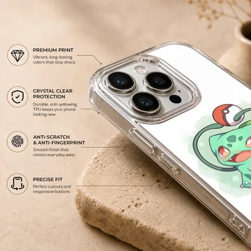 Bulbasaur cartoon design on a phone case showcasing vibrant colors. — Info