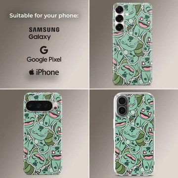 Playful Bulbasaur cartoon design on phone case — Collage