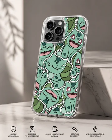 Playful Bulbasaur cartoon design on phone case — Specs