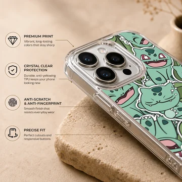 Playful Bulbasaur cartoon design on phone case — Info