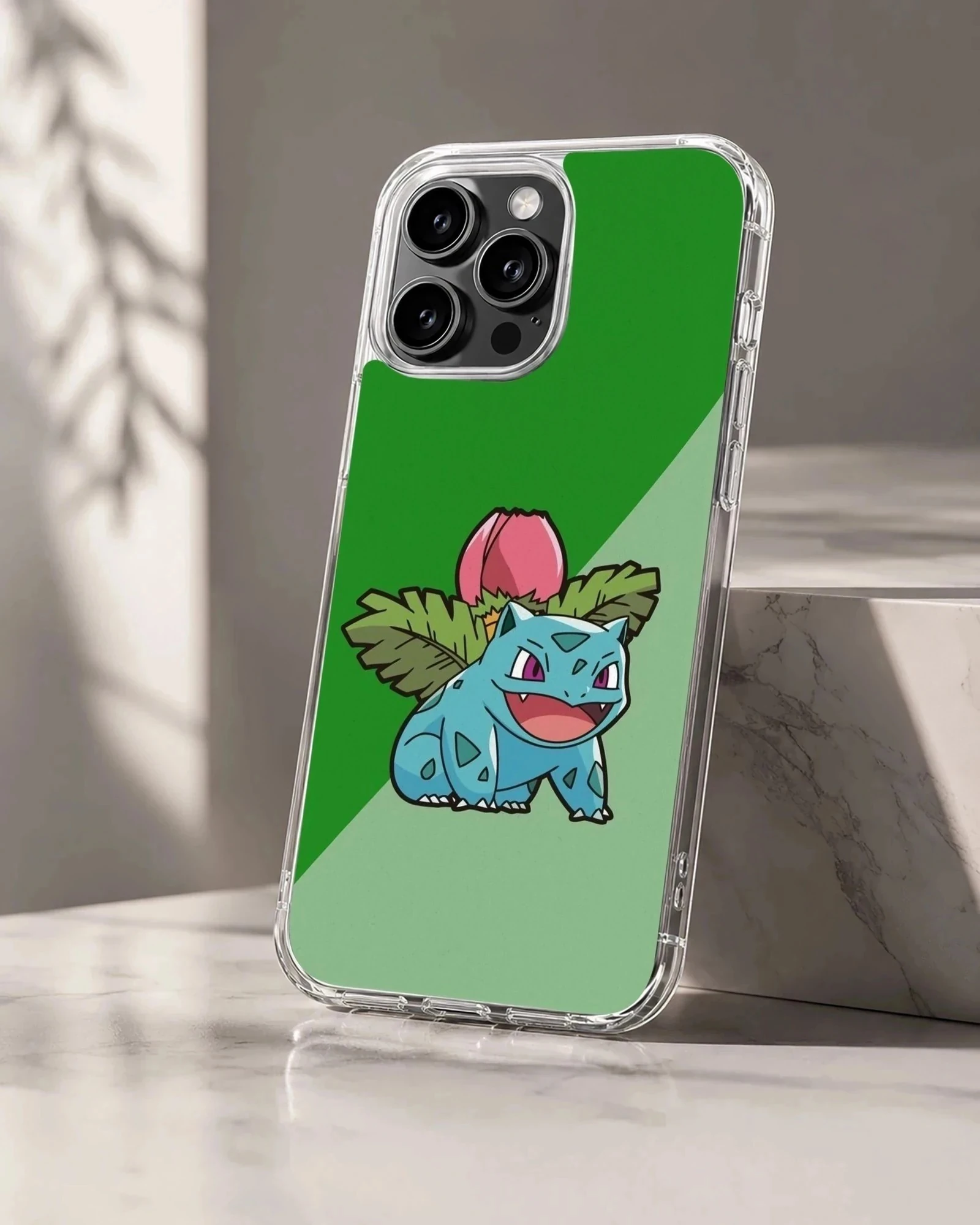 Bulbasaur in a playful cartoon style on phone case