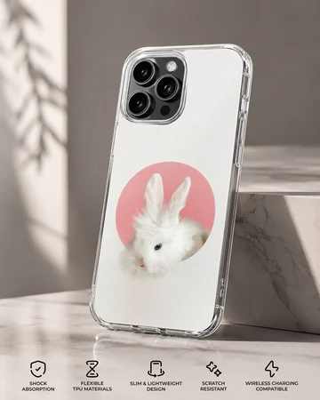 Serene bunny rabbit in a pink circle on phone case — Specs