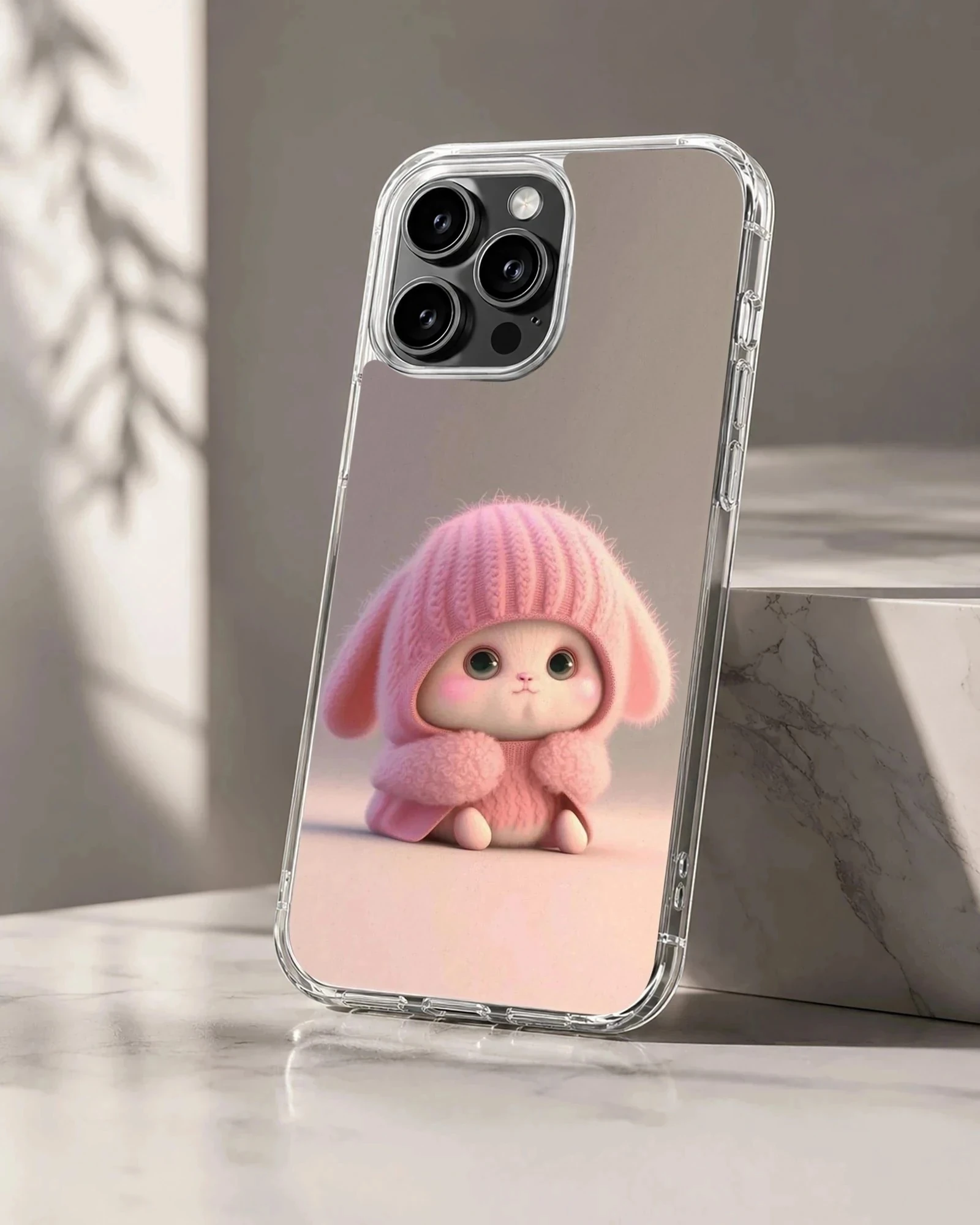 Bunny Rabbit wearing a pink knitted hat in serene setting phone case