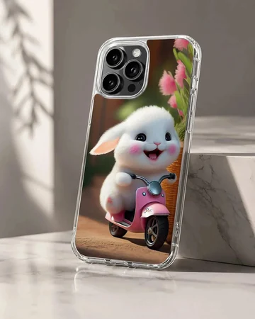 Adorable bunny riding a scooter illustration on phone case