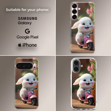 Adorable bunny riding a scooter illustration on phone case — Collage