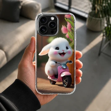 Adorable bunny riding a scooter illustration on phone case — Lifestyle