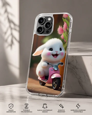 Adorable bunny riding a scooter illustration on phone case — Specs