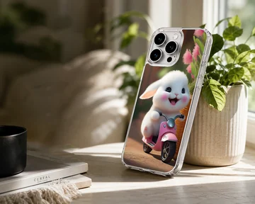 Adorable bunny riding a scooter illustration on phone case — Lifestyle