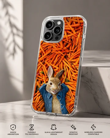 Playful bunny rabbit with carrot background phone case — Specs