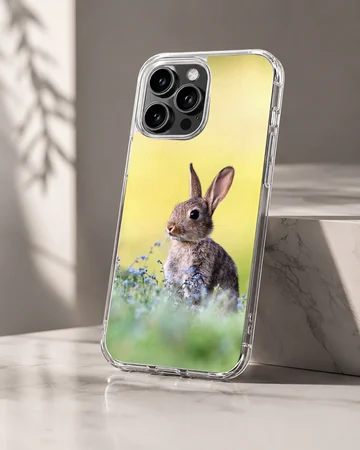 Serene bunny rabbit in a field of blossoms on a phone case — Hero