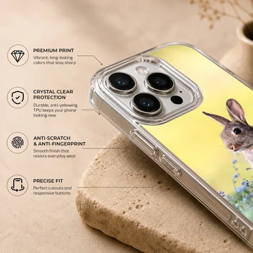 Serene bunny rabbit in a field of blossoms on a phone case — Info