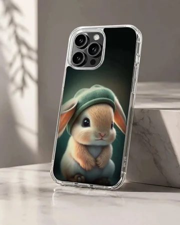Digital illustration of a cute bunny rabbit wearing a hat on a phone case