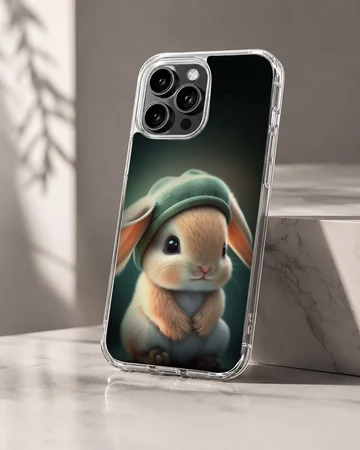 Digital illustration of a cute bunny rabbit wearing a hat on a phone case — Hero