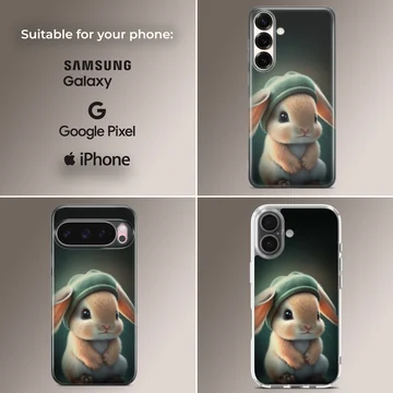 Digital illustration of a cute bunny rabbit wearing a hat on a phone case — Collage