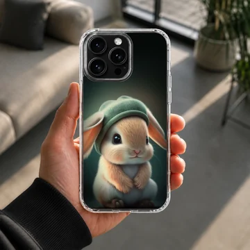 Digital illustration of a cute bunny rabbit wearing a hat on a phone case — Lifestyle