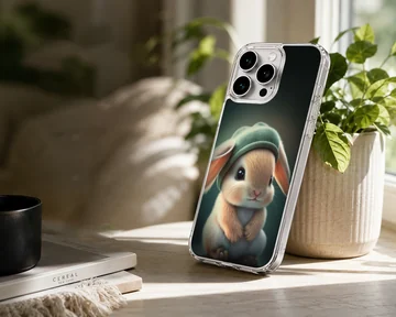 Digital illustration of a cute bunny rabbit wearing a hat on a phone case — Lifestyle
