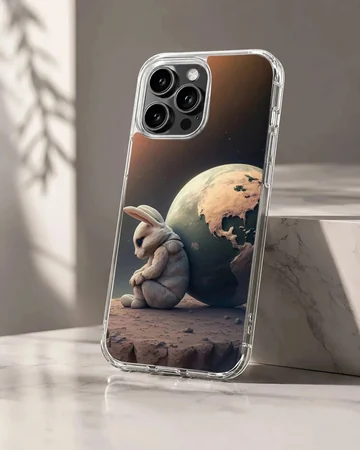 Serene bunny with globe backdrop on a phone case