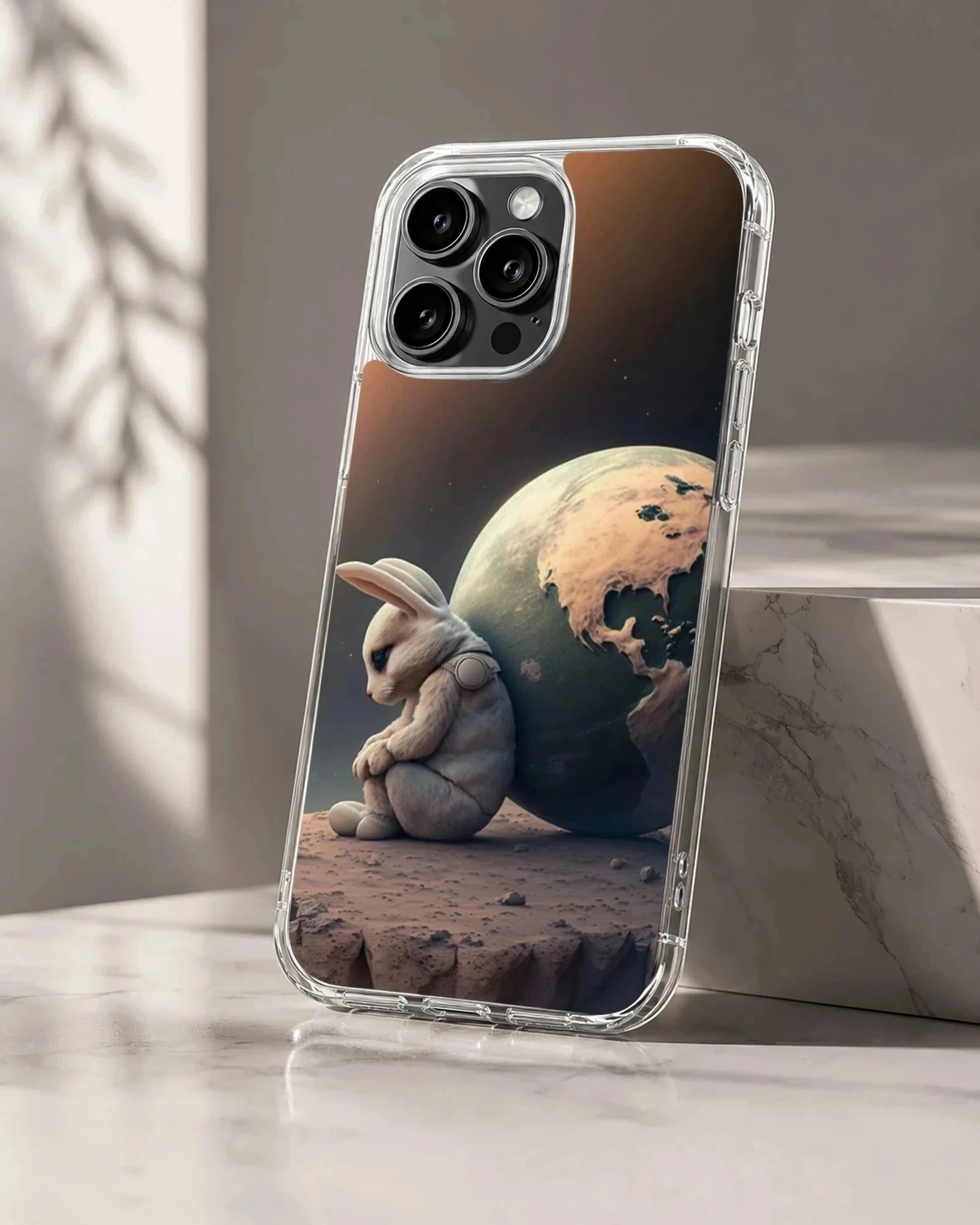 Serene bunny with globe backdrop on a phone case
