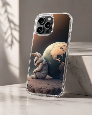 Serene bunny with globe backdrop on a phone case — Hero