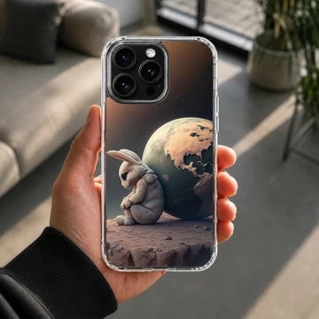 Serene bunny with globe backdrop on a phone case — Lifestyle