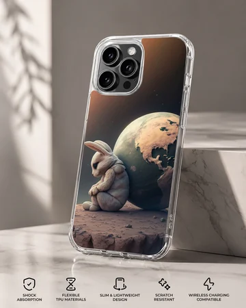 Serene bunny with globe backdrop on a phone case — Specs