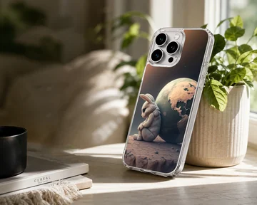 Serene bunny with globe backdrop on a phone case — Lifestyle