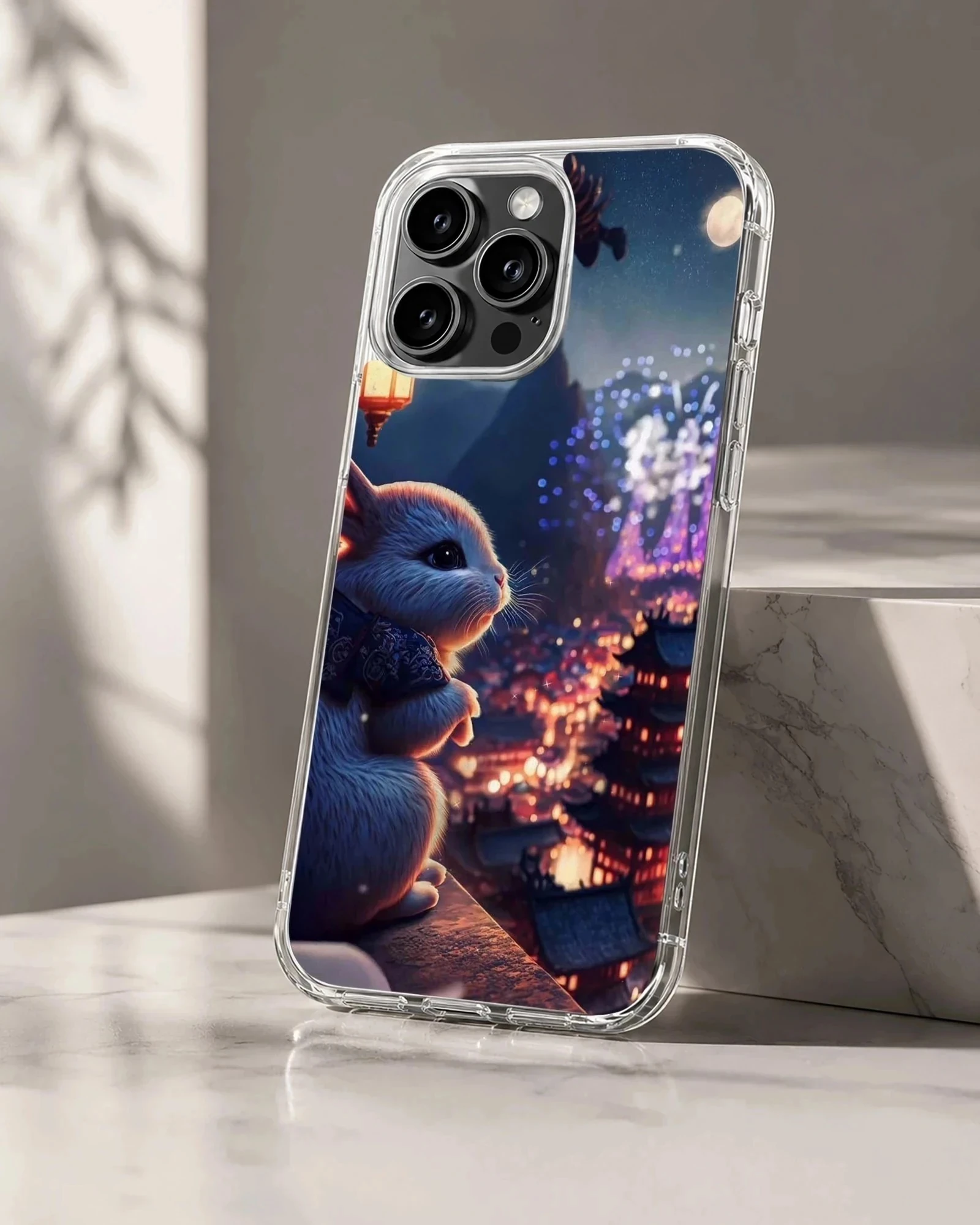 Bunny rabbit against a night cityscape phone case