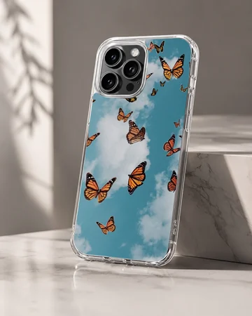 Butterfly phone case with sky design featuring fluttering butterflies. — Hero