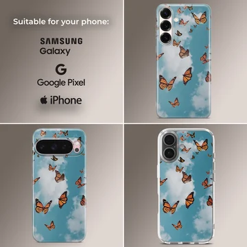 Butterfly phone case with sky design featuring fluttering butterflies. — Collage