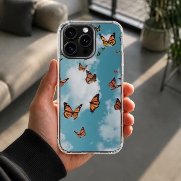 Butterfly phone case with sky design featuring fluttering butterflies. — Lifestyle