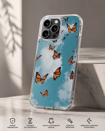 Butterfly phone case with sky design featuring fluttering butterflies. — Specs